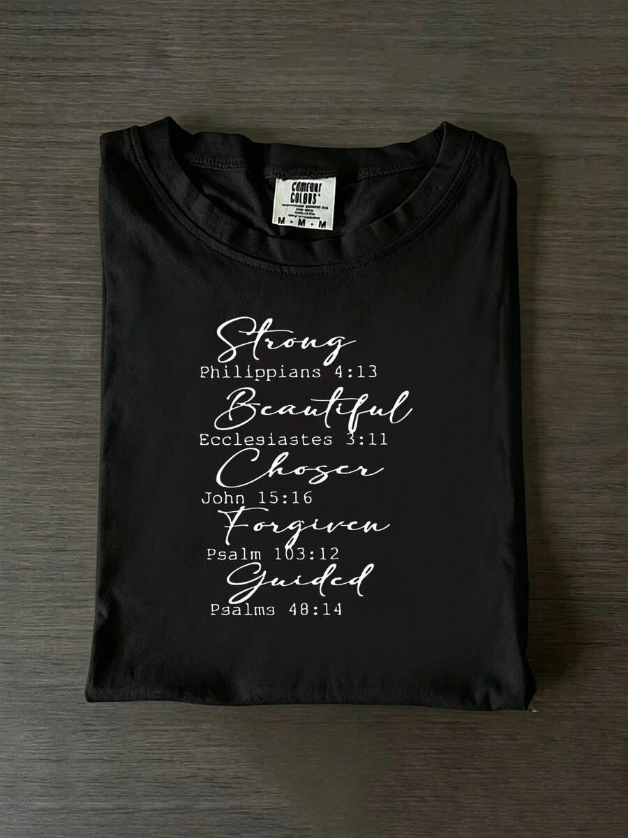 Camiseta casual negra de manga cortara mujer con estampado inspirador de versículos bíblicos, corte hoado, cuello redondo, top con patrón geométrico parrimavera/verano, lavable a máquina, ropa casual, camiseta motivacional