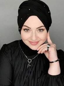 1pc Solid Color Ready-To-Wear Headscarf Hat With Pearl Decor For Women - Pearl-decorated Headscarf - View 6