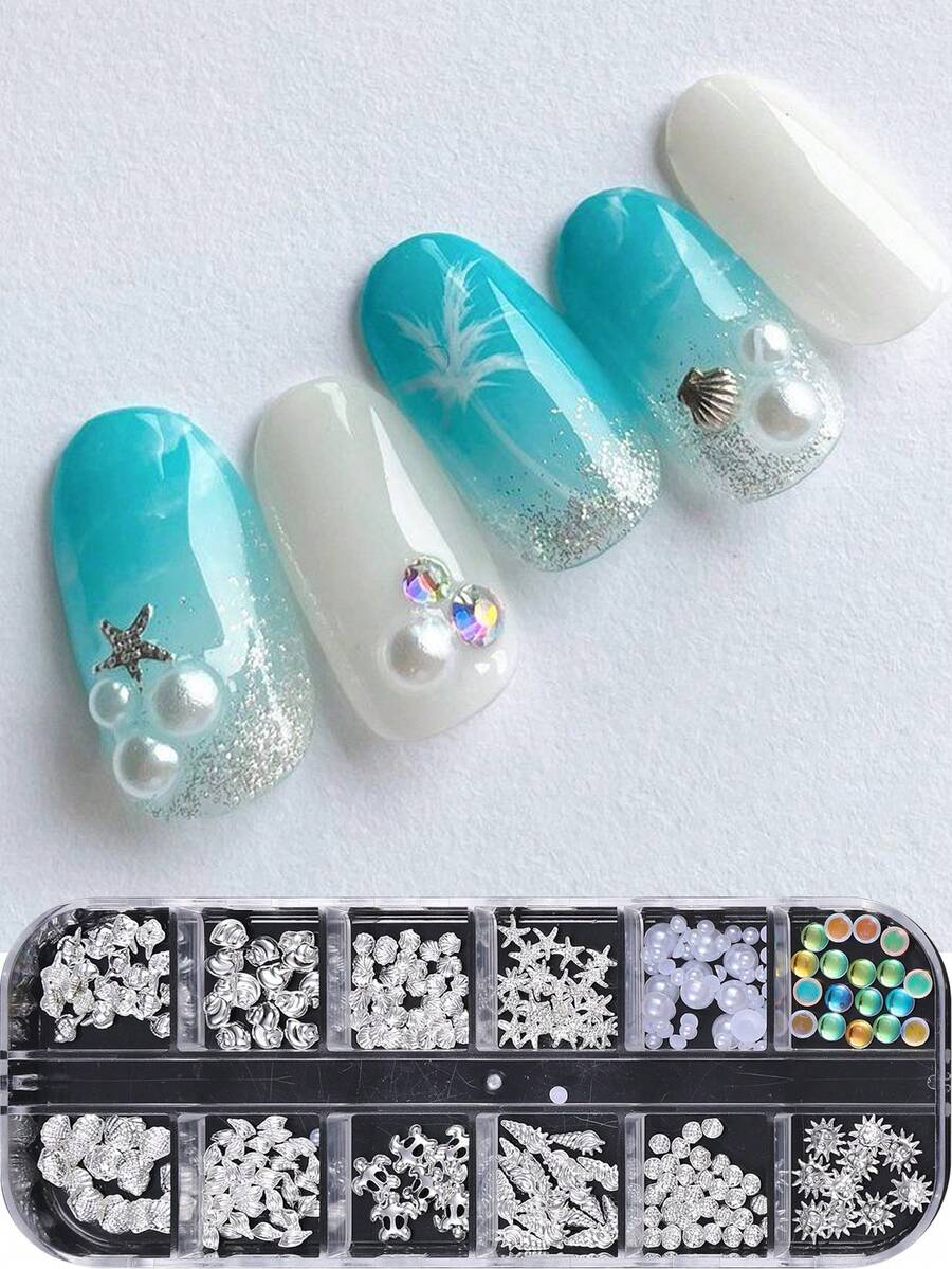 12件裝銀色海洋風美甲裝飾，銀色貝殼與海星合金吊飾含美人魚與珍珠，夏季美甲DIY美甲沙龍用品 - 彩色 - 查看 1