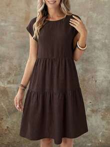 Vestido casual de mujer de manga corta, cuello redondo y longitud media, con aspecto de lino verde, para primavera/verano - Marrón Chocolate - Ver 4