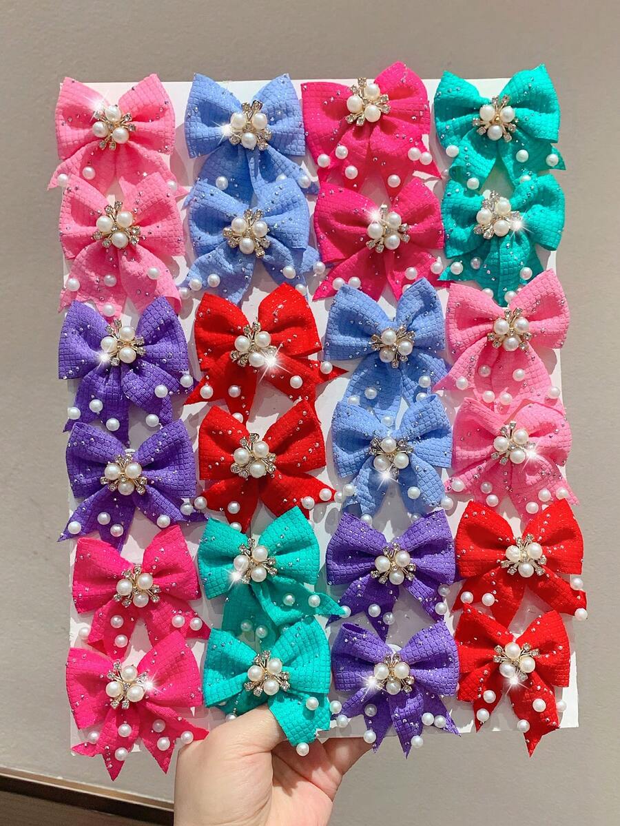 VBOOR 6pcs Bright Tweed Bow Hair Clips, Faux Pearl & Rhinestone Decor, Women Bow Hair Barrettes, Multicolor Hair Accessories,Hair Claws,Bobby Pin - Multicolor - View 1