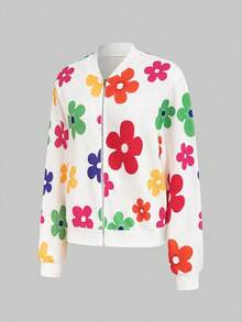 Chaqueta con cremallera con estampado floral casual para mujer - Multicolor 8 - Ver 5