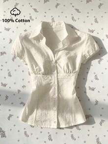 Jafgg Elegante Camisa Blanca de Tela Tejida para Mujer, Manga Corta, Casual, Lisa, con Detalle Fruncido en el Busto - Albaricoque - Ver 3