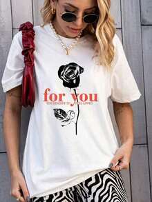 Under The Radar Women's Casual T-Shirt With White Rose Print, Short Sleeve, Round Neck, Drop Shoulder, Loose Fit, Floral Design For Everyday Fashion - Urban Vintage Style, Unisex Loose Cotton Short Sleeve Round Neck T-Shirt - 白色 - 查看 7