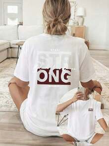 Nueva Colección 2026: Camiseta de Algodón para Mujer, Oversize, Blanca, con Estampado 'Strong', Casual, Manga Corta, Cuello Redondo, Hombros Caídos, Algodón Ligero - Blanco - Ver 1