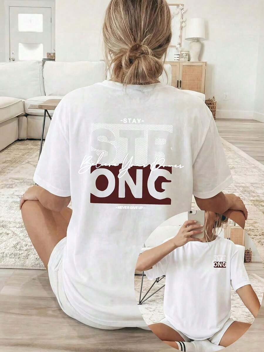 Nueva Colección 2026: Camiseta de Algodón para Mujer, Oversize, Blanca, con Estampado 'Strong', Casual, Manga Corta, Cuello Redondo, Hombros Caídos, Algodón Ligero - Blanco - Ver 1