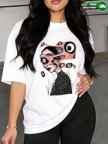 Camiseta para mujer de poliéster en color blanco con estampado de arte surrealista de mujer con ojos – casual y transpirable, envío nacional en México - Blanco - Ver 1