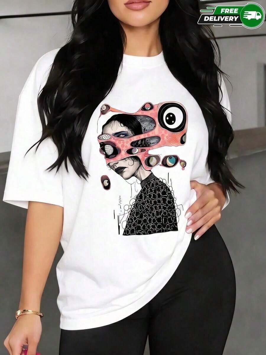 Camiseta para mujer de poliéster en color blanco con estampado de arte surrealista de mujer con ojos – casual y transpirable, envío nacional en México - Blanco - Ver 1