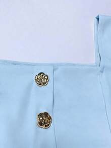Camiseta de mujer de unicolor con cuello cuadrado y decoración de botones delanteros de manga corta - Azul - Ver 3