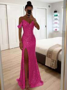 Strapless Sequined Dress With Open Cut, Casual Style For Spring And Autumn - Hot Pink - View 4