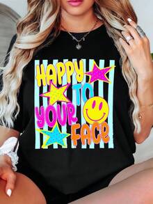 Unisex T-Shirt Made Of Pure Cotton, Happy Face Shirt, Preppy Top For Summer. Cute Polka Dot Style, Summer T-Shirt, Summer Outfit For Women, Summer Outfit For Men, Women's T-Shirt, Creative Design, Outdoor Play, Cool Style, Fun Design, Ideal For Outdoor Games. - Black - View 5