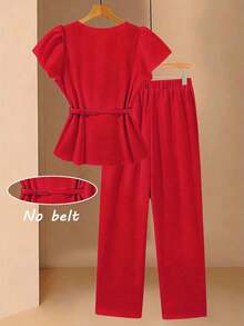 Conjunto informal de mujer con blusa de cuello en V plisada y pantalones de pierna ancha de unicolor - Rojo - Ver 2