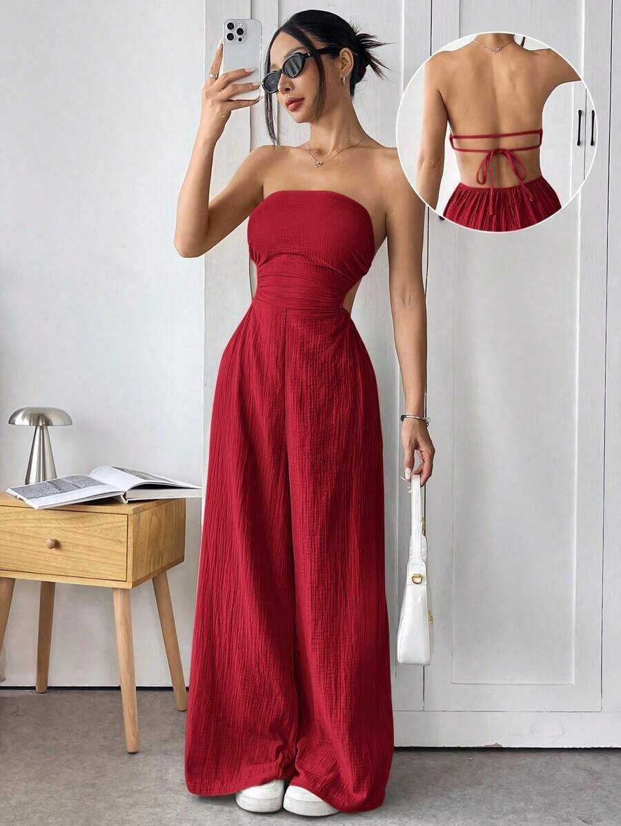 Mono de pierna ancha informal de mujer de talla grande, de algodón, con tirantes finos y espalda descubierta, para verano - Rojo - Ver 1