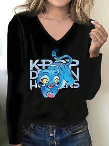 Camiseta de manga larga con estampado inspirado en dramas coreanos para mujer - Cuello en V, diseño de texto coreano y azul (para fans de K-Drama), 95% poliéster / 5% elastano, blusa casual de primavera/otoño para atuendos de cultura K-Pop. Ofertas de camisetas de hombre, tops, sudaderas para mujer, camisetas Y2k, camisas. - Negro - Ver 10