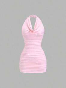 Vestido ajustado brillante con espalda descubierta y cintura fruncida, adecuado para el uso diario, graduación, fiesta del Día de la Independencia - Rosa - Ver 1