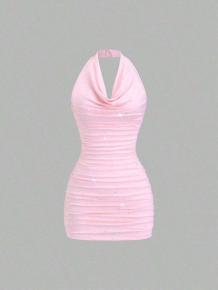 Vestido ajustado brillante con espalda descubierta y cintura fruncida, adecuado para el uso diario, graduación, fiesta del Día de la Independencia - Rosa - Ver 1