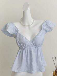 Top corto de camisola con escote bajo y espalda descubierta, con manga tipo gorra y volantes en azul, diseño sexy - Azul - Ver 5