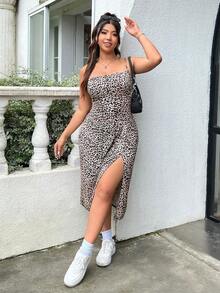 Vestido midi ajustado sin mangas con abertura lateral, busto fruncido, estampado de leopardo y estampado animal, de estilo casual y sexy, ligero para fiestas, vacaciones de verano y principios de otoño, para mujeres de talla grande - Multicolor - Ver 1