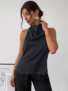 negra ajustada de estilo casual y elegante para la temporada de primavera/verano, con cuello asimétrico, sin mangas, escote halter, espalda descubierta y decoración de lazo - Gris - Ver 7
