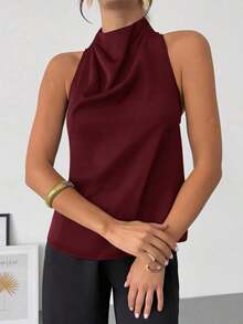 negra ajustada de estilo casual y elegante para la temporada de primavera/verano, con cuello asimétrico, sin mangas, escote halter, espalda descubierta y decoración de lazo - Granada - Ver 6