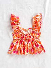 Blusa de corte de línea A con cuello cuadrado, manga corta y estampado retro azul y blanco, adecuada para fiestas, citas, el Día de San Valentín, el té de la tarde - Naranja - Ver 2