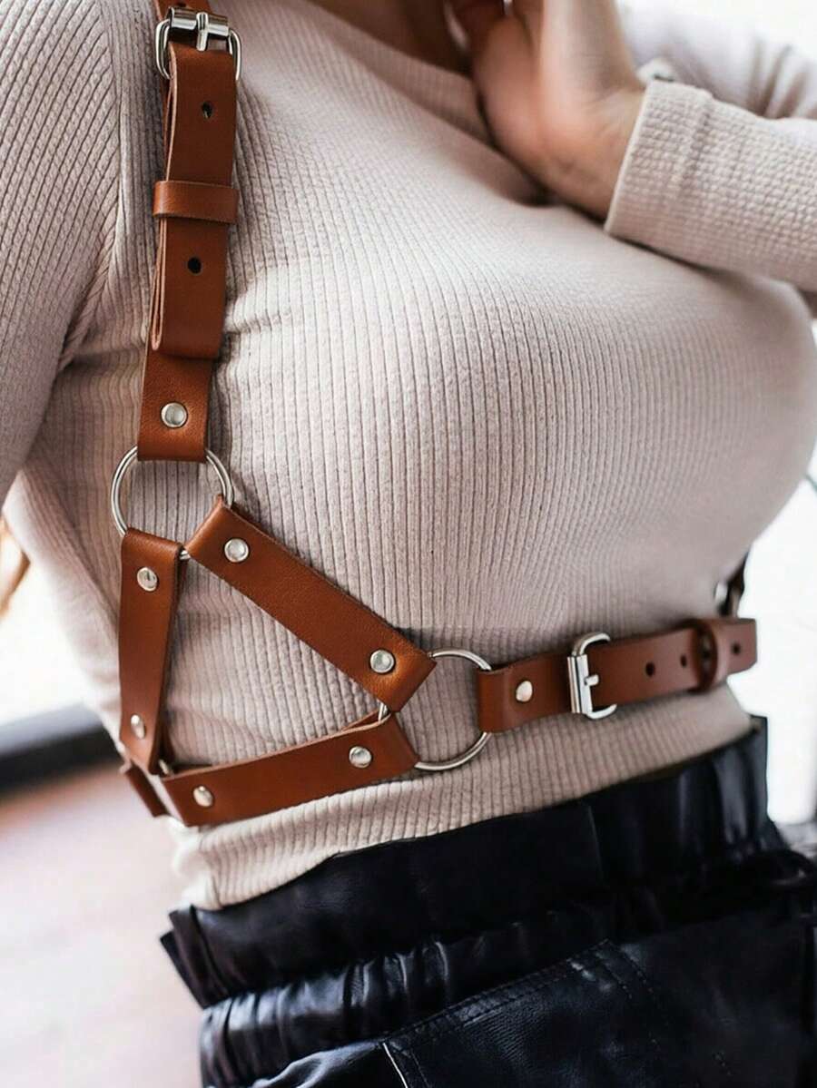1pc Women's Renaissance Halloween Accessory Inverted Triangle Coffee Gothic Leather Suspender, Suitable For Carnival Party Outfit - Brown - View 1
