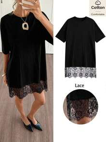 Vestido corto de verano de mujer con cuello redondo, mangas cortas de hombros caídos, parches de encaje y diseño holgado de un solo color - Negro - Ver 1