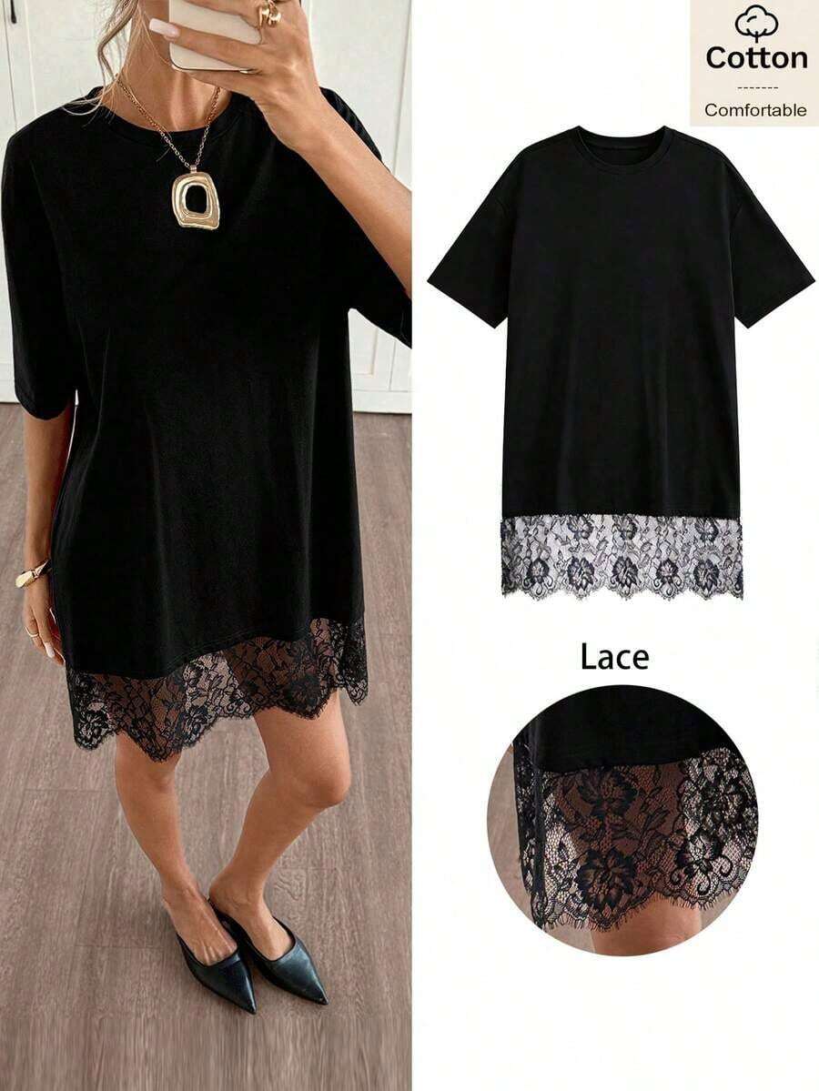 Vestido corto de verano de mujer con cuello redondo, mangas cortas de hombros caídos, parches de encaje y diseño holgado de un solo color - Negro - Ver 1