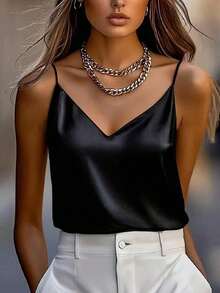 1 pieza Ropa de mujer de verano, blusa de satén de unicolor elegante y de moda sin mangas y con espalda descubierta, adecuada para el verano, citas por la noche, la oficina, vacaciones y uso casual diario - Negro - Ver 6