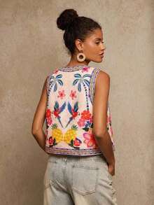 Chaleco ligero de mujer con bordado floral y de loro, chaleco bohemio, chaleco floral, estilo casual de mujer, atuendo para salir, atuendos elegantes, estilo campestre para mujer, atuendos casuales, chaleco elegante - Multicolor 3 - Ver 2