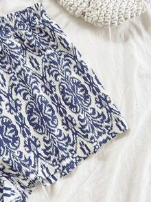 Conjunto de 2 piezas de vacaciones para mujer, top de tirantes con escote en V con textura rojo y shorts sueltos extremadamente cortos, adecuado para citas, fiestas y paseos por la ciudad - Azul y blanco 3 - Ver 5