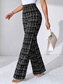 Pantalones elásticos de punto con estampado de cuadros elegantes para mujer, adecuados para varias ocasiones, como vacaciones de verano, viajes elegantes y uso diario - Blanco y Negro - Ver 7