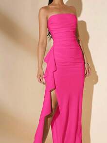 Vestido de dama de honor de boda de verano, vestido largo blanco con pliegues, abertura alta, volantes y tiras para fiesta, sin mangas y sin tirantes, sexy - Rosa Fucsia - Ver 7