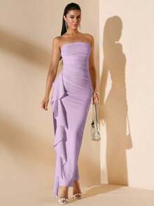Vestido de dama de honor de boda de verano, vestido largo blanco con pliegues, abertura alta, volantes y tiras para fiesta, sin mangas y sin tirantes, sexy - Púrpura malva - Ver 8