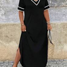 Holidaya Plus Size Women V-Neck Short Sleeve Casual Side Slit Hem Loose Dress - Blanco y Negro - Ver 7