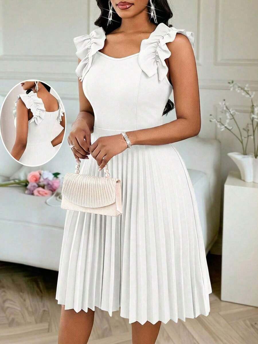 Vestido mini de fiesta con estampado floral y pliegues a la moda para mujer - Blanco - Ver 1