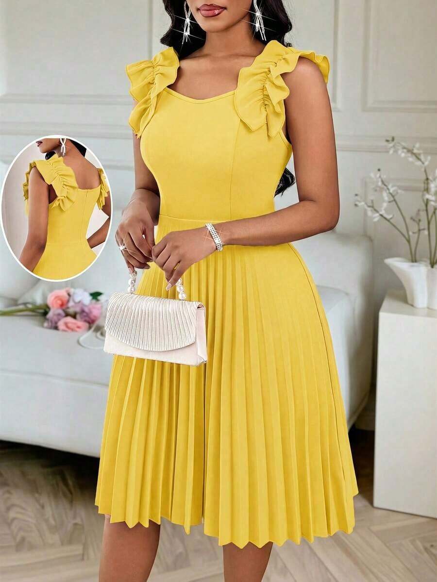 Vestido mini de fiesta con estampado floral y pliegues a la moda para mujer - Amarillo - Ver 1