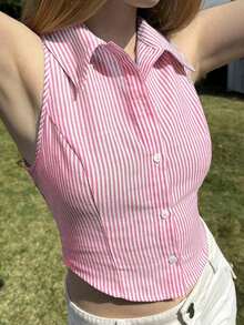 Camisa sin mangas de mujer de rayas tejida, azul - Rosa - Ver 8