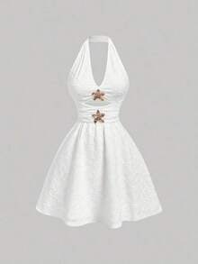 Vestido de fiesta elegante de mujer con estampado de cerezas, escote halter, espalda descubierta y cintura fruncida - Blanco 2 - Ver 2