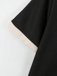 2pcs Men's Set: Contrast Color Half-Zip Waffle Polo Shirt + Drawstring Waist Casual Pants, Comfortable Breathable Stylish Color Block Outfit - 黑色 - 查看 6