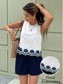 Set de 2 piezas de top sin mangas y shorts para mujer, de moda para el verano - Azul marino - Ver 1