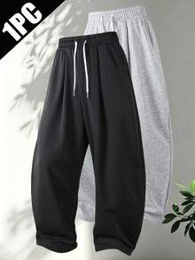 1 pieza Pantalones casuales de pierna ancha con cordón en la cintura, holgados y cómodos para deportes para hombres - Negro - Ver 1