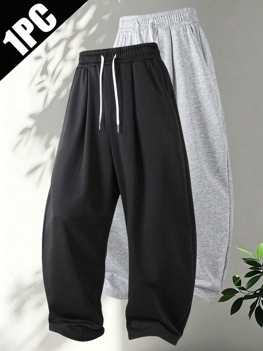1 pieza Pantalones casuales de pierna ancha con cordón en la cintura, holgados y cómodos para deportes para hombres - Negro - Ver 1