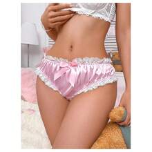 's Ruffle Lace Trim Underwear Satin Cute Bow Mid Rise Comfy Bikini Panty - Pink - View 4