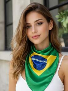 Women's Multifunctional Scarf With Brazilian Flag Print, Soft Satin | 90x90cm | Look - màu xanh lá - Xem 1