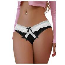 Women's Satin Bow Panty Lace Trim Low Rise Cute Bikini Underwear Silky Panty Brief - 黑色 - 查看 1