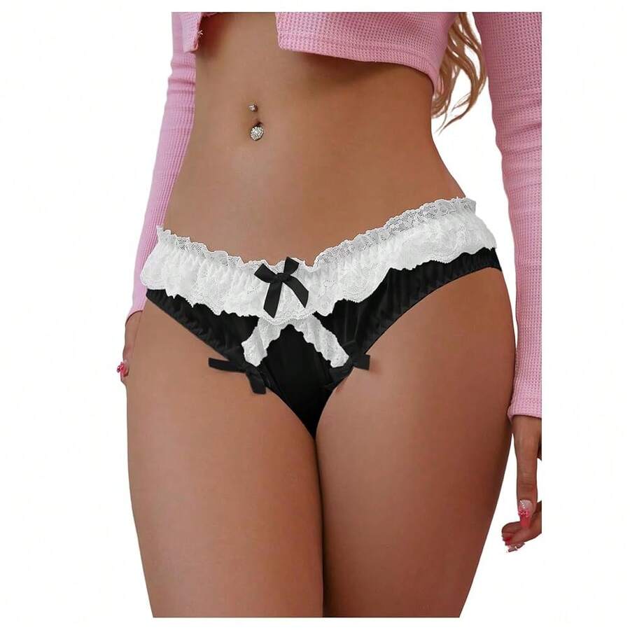 Women's Satin Bow Panty Lace Trim Low Rise Cute Bikini Underwear Silky Panty Brief - 黑色 - 查看 1