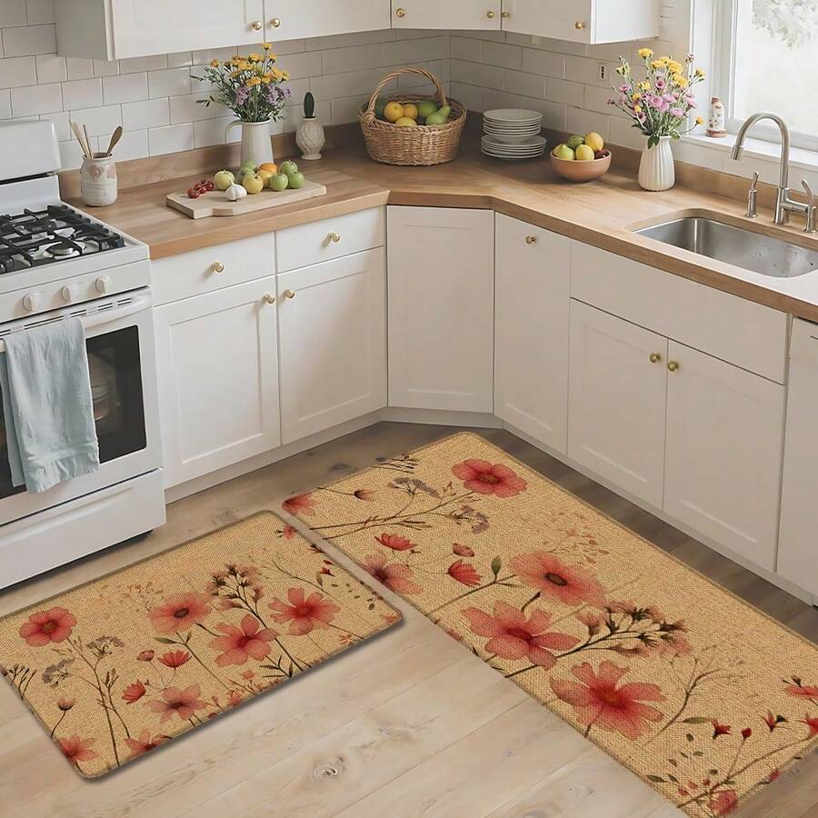 1pc Floral Pattern Printed Linen Kitchen Rug, Carpet Mat, Bathroom Mat, Doormat, 3D Printed Rectangle, Suitable For Living Room, Bedroom, Hallway, Bathroom, Laundry Room - Polyester Carpet, Indoor Outdoor Home Decor - Multicolor - View 1