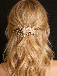 1pc Handmade Floral & Leaf Design Alloy Bridal Hair Clip Headpiece For Women - Gold - View 1