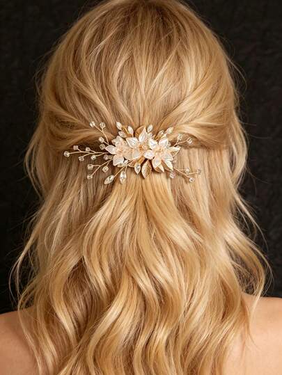 1pc Handmade Floral & Leaf Design Alloy Bridal Hair Clip Headpiece For Women